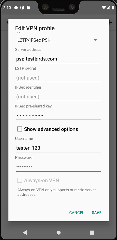 Android VPN configuration